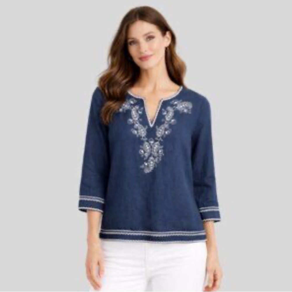 Talbots Navy Embroidered Split-Neck Tunic